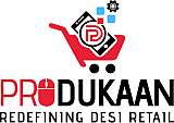 Logo of produkaan featuring a shopping cart and the tagline 'redefining desi retail'.
