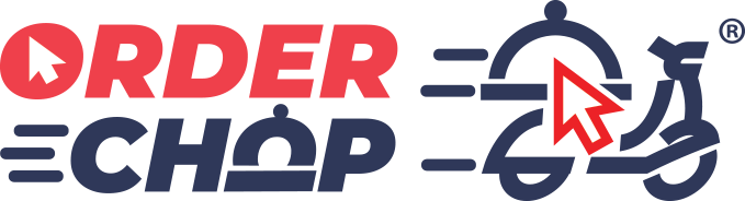 Logo of orderchop, incorporating a stylized red and blue font and a graphic of a motorbike with an upward-pointing arrow.