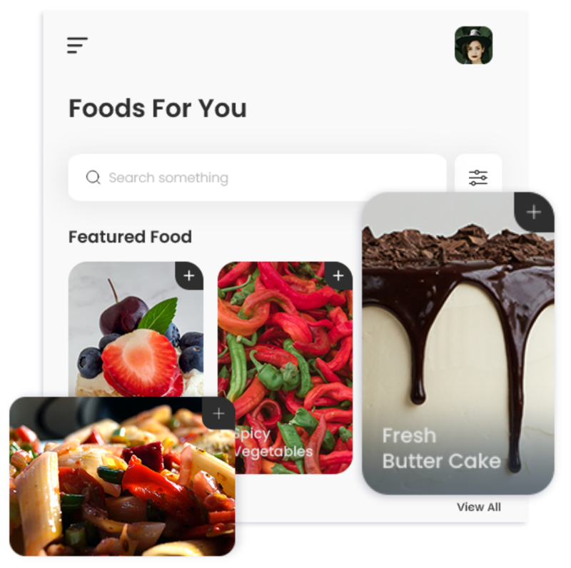 A mobile app interface displaying a food recommendation feature with images of various dishes.