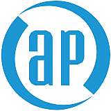 Blue and white ap logo with stylized letters inside a circle.