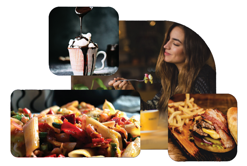 A collage of four images featuring indulgent food moments, including a chocolate-topped milkshake, a woman enjoying a bite of food, a plate of pasta with vegetables, and a sandwich with fries.