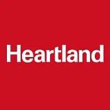 Logo with the word 'heartland' on a red background.