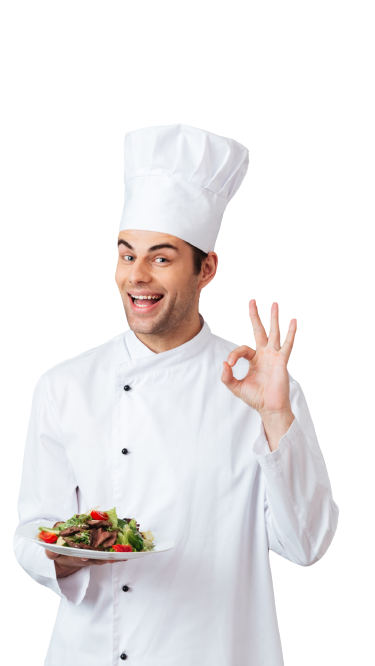 Chef in white uniform giving an ok sign while holding a bowl of salad.