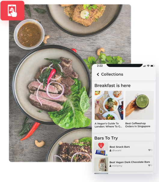 Sliced steak and greens on a plate, showcased alongside an open food app on a tablet.