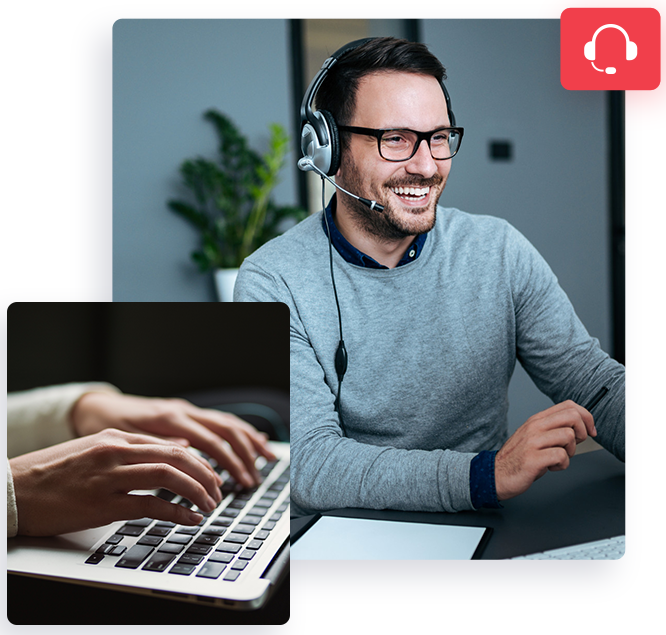 A smiling customer service representative wearing a headset at a workstation while another image shows someone typing on a keyboard.