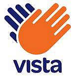 Orange and blue hand logo with the word "vista" below it.